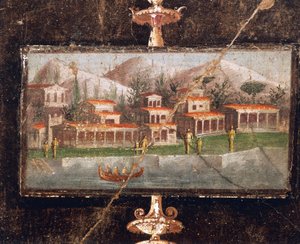 Landscape and architecture in wall painting in tablinum, House of Marco Lucrezio Fronto, Pompeii , Campania, Roman Civilization 作者 小说