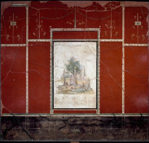 罗马艺术。归功于阿曼多大师的壁画 "Bucolic landscape and sacred" 来自Boscotrecase，Agrippa Postumo的别墅。1世纪。Dim.153x98厘米 那不勒斯，国家考古博物馆 作者 小说