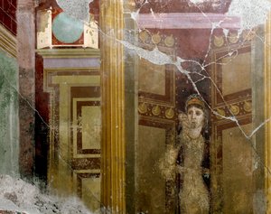 罗马艺术：“门前的女人肖像”，公元 1 世纪 Fabio Rufo (Marcus Fabius Rufus) 的别墅壁画细节。 意大利庞贝 作者 小说