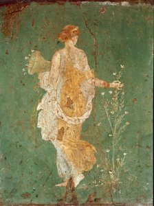 罗马艺术：《春》《Flora》（Flora）采花。 壁画来自庞贝附近的 Varano a Stabies (Stabiae) 别墅。 公元前 15 年至公元 60 年。 那不勒斯国家考古博物馆 - 罗马艺术：春天，植物群采摘鲜花。 斯塔比亚瓦拉诺别墅的壁画