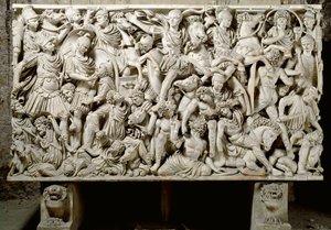 罗马艺术：石棺 Ludovisi 与罗马人对抗野蛮人的战斗场景 - 公元 3 世纪，昏暗。 153x273 厘米 - 罗马，罗马国家博物馆 - 奥斯蒂利亚诺，德西乌斯皇帝（公元 201-51 年）的儿子，被骑兵包围，来自罗马人和罗马人之间的战斗 作者 小说
