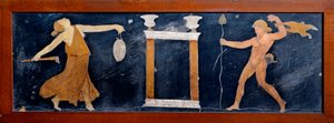 罗马艺术：在寺庙附近的蜿蜒曲折和色狼跳舞。 来自庞贝的 Casa dei Capitelli dorati 的壁画。 公元一世纪。 那不勒斯，考古博物馆 作者 小说
