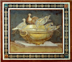 罗马艺术：四只鸽子喝喷泉。 马赛克来自 Tivoli 的 Villa Adriana（Villa d
