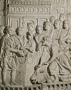 罗马艺术：代表萨尔马特市民向罗马人致敬的浅浮雕。 来自 Marc-Aurele (Marx Aurele) 列的浮雕。 公元 2 世纪。 罗马, Museo della Civilta Romana 作者 小说