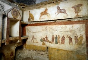 罗马艺术：“年轻人在玩耍””壁画装饰着葡萄牙大街的坟墓。 2世纪。 太阳。 H。 90 厘米罗马，Museo Nazionale Romano (o delle Terme) 意大利 作者 小说