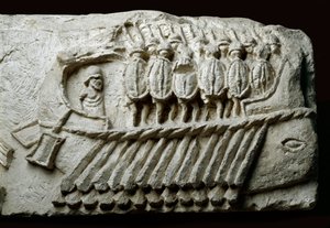 Cast of a Roman bireme warship carrying armed soldiers (relief on rock) 作者 罗马罗马