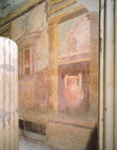 壁画细节在 triclinium 大厅里，迷宫之家，庞贝城，坎帕尼亚，罗马文明 作者 罗马罗马