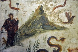 站在维苏威火山前的葡萄丛中的狄俄尼索斯-维图--庞贝的壁画，casa diel centenario（百年屋）--那不勒斯，国家考古博物馆 作者 罗马罗马
