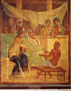壁画描绘了 A.D.metus 和 Alcestis 咨询神谕，来自意大利庞贝的悲剧诗人之家 作者 罗马罗马