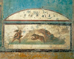 壁画显示狩猎场景，来自古代狩猎之家，庞贝，坎帕尼亚，罗马文明