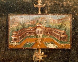 Tablinum 壁画中的景观和建筑，第三庞贝风格，Marco Lucrezio Fronto 之家，来自意大利坎帕尼亚庞贝城 作者 罗马罗马