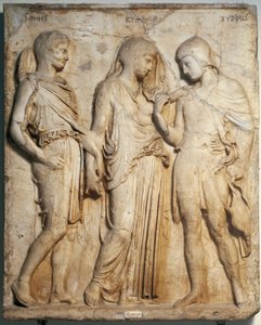 罗马艺术：“”Orphee、Eurydice 和 Hermes””希腊原版大理石浮雕。 那不勒斯，国家考古博物馆 作者 罗马罗马