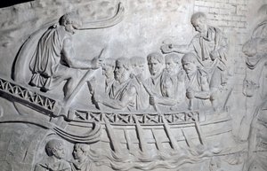 罗马艺术。1862年的模具再现了特拉扬皇帝统治时期（53-117年）在罗马建造的特拉扬柱（Colonna Traiana）的浮雕，"第一次达契亚战争期间多瑙河上的罗马士兵"。特拉亚 作者 罗马罗马