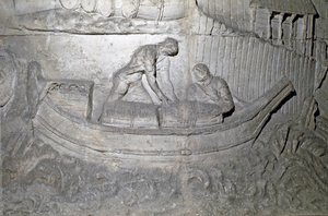 罗马艺术：“在第一次达契亚战争期间，船在多瑙河上装载粮食”” 1862 年的模具复制了图拉真皇帝统治期间在罗马建造的图拉真柱（柱图拉真）（Colonna Traiana）的浅浮雕（ 53-117）。 Trajane公司 作者 罗马罗马