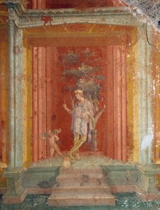剧场场景，红底壁画（IV 风格），出自庞贝 Pinarius Cerialis 之家（联合国教科文组织世界遗产名录