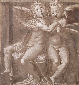 在Polidoro da Caravaggio之后进行的两个坐着的天使唱歌（钢笔和棕褐色墨水洗净，灰蓝色纸上带有白色）