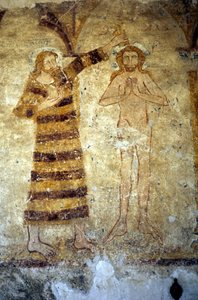 12th century murals at the Romanesque parish church of Asnieres sur Vegre (Sarthe) depicting Christ baptized by Saint John the Baptist. 作者 罗马式