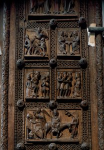 罗马式艺术：德国科隆国会大厦圣玛丽教堂（Sankt Maria im Kapitol，Koln）的 12 世纪中叶木门。 描绘对牧羊人的公告、耶稣诞生、法师的崇拜和 th 的场景