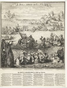关于在维哥夺取白银舰队的漫画，1702 年
海上的禁令和阿里尔禁令（物体上的标题）
维戈斯附近海域的 "禁令 "和 "阿里尔禁令"（物体上的标题） 作者 Romeyn de Hooghe (可能)