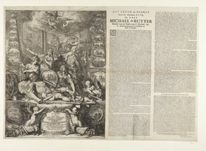 关于米歇尔-德-鲁伊特之死的寓言，1676 年
Manhaften Heer, Den Heer Michaël de Ruyter Ridder van de Ordre van St.Hollandt 和 West-Vrieslandt 的海军中将（标题见实物） 作者 罗曼·德·豪格