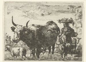 头戴篮子的牧羊女、一头奶牛、两只山羊和两只绵羊在水中 作者 Nicolaes Pietersz Berchem（归属于）