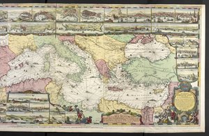 地中海地图，插图中点缀着寓言人物和海怪，选自 Charles Pene 和 Pieter Mortier 创作的《De Fransche Neptunus and Atlas Maritime and Suite du Neptune François》。