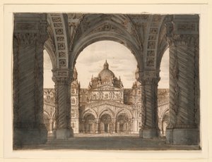 舞台设计，教堂门面，Felice Romani的I due Valdomiri，Pietro de Winter的音乐。1818年在米兰的斯卡拉演出。 作者 罗莫洛·阿奇里·利夫拉尼