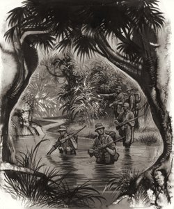 澳新军团士兵在二战巡逻中穿越丛林河流（水粉画纸） 作者 罗恩·恩布尔顿