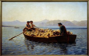 改变放牧。 牧羊人登上羊群，将它们带到对岸。 Rosa Bonheur (1822-1899) 的绘画 作者 粉红色的快乐