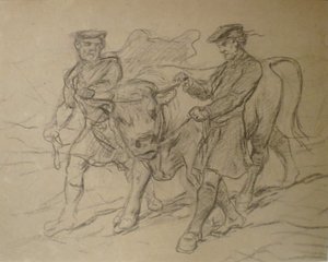 Rosa Bonheur 创作的《两个牵牛的人》，黑色粉笔画，哥伦布艺术博物馆 作者 粉红色的快乐