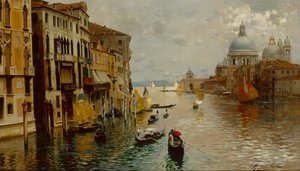 威尼斯大运河上的贡多拉，Dogana和Santa Maria della Salute之外，（布面油画）。