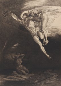 路西法携带该隐进入有限空间，来自拜伦《该隐》的八幅蚀刻画，...，1919-1920。 作者 鲁道夫·杰特玛