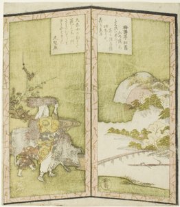 山水与大原女子》，选自一幅描绘一对折叠屏风的无题六联画 作者 龙宫京心斋