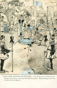 Sir Walter Raleigh laying down his cloak for Queen Elizabeth I to enable her to avoid a puddle (colour litho) 作者 HH希伯斯怀特