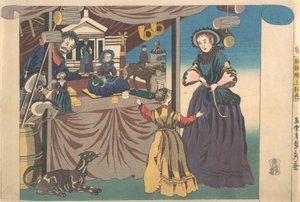 玩具店的铜版画的彩色印刷品，1860年。 作者 歌川贞秀