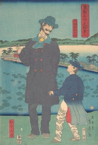 1861年7月，荷兰人和孩子在忍野津池边观看弁天神社 作者 歌川贞秀