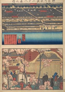两种观点：开根町的水边，3丁目和4丁目，以及通往...的入口，1860年4月。