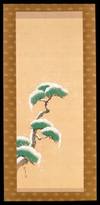 悬挂的卷轴描绘了一个雪花松，来自三季的三联，日本，19世纪初 作者 酒井保一