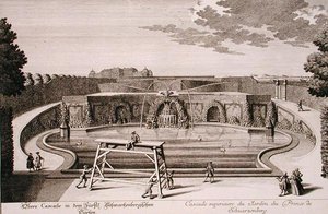 维也纳Schwarzenberg王子花园中的大喷泉，由Georg-Daniel Heumann（1691-1759）雕刻，约1724-37年出版（雕刻）（另见170853）。
