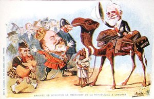 1903年法兰西共和国总统埃米尔-卢贝（1838-1929）抵达伦敦的漫画（彩色平印）。 作者 所罗门·华硕