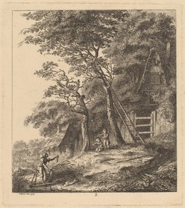 茅草屋风景中的一个渔夫和两个孩子，1764年。