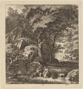 一个牧羊人和一个年轻女人的脚在小溪里，1764年。