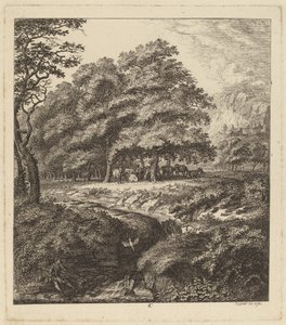 牛在树林里休息，一个人坐在溪边，1764年。