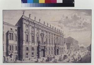 整页：位于 Himmelpfortgasse 的萨伏伊欧仁亲王宫殿斜视图（钢笔、毛笔和墨水） 作者 所罗门小人