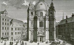维也纳Peterskirche的视图由Johann Bernard Hattinger雕刻