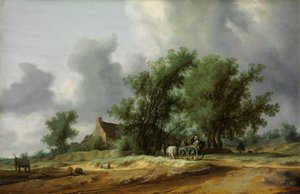 沙丘上的马车之路--萨洛蒙-雅各布斯-范-鲁伊斯代尔（1600/3-1670）的画作--1631年--木板油画--56x86.4--布达佩斯Szepmuveszeti博物馆。