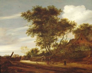 与孩子的村庄使用的树木繁茂的风景由村庄，1658年