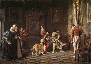 “" Return of the tournament "” A young knight hurts is brought back to the palace, supported by two pages. Painting by Salvador Martinez Cubells (1845-1914) 1881 Valencia. Museum of Bellas Artes San Pio 作者 萨尔瓦多·马丁内斯·库贝尔斯