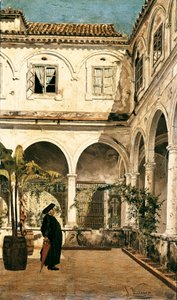 “" The father Salabot in the cloister of the Monastery of Saint Francois of Cadiz (Cadiz) "” Painting by Salvador Viniegra y Lasso (1862-1915) 1881 Cadiz. Museum of Cadiz. spain 作者 萨尔瓦多（Salvador Viniegra）和拉索（Lasso de la Vega）