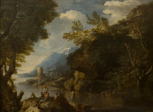 有人物和船只的风景，约 1635-73 年（布面油画） 作者 救世主（罗莎的追随者）